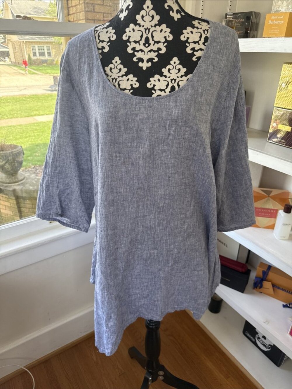 JNC Jones New York Blue Linen Blend Asymmetrical Hem 3/4 Slv Shirt Top 2X NWOT